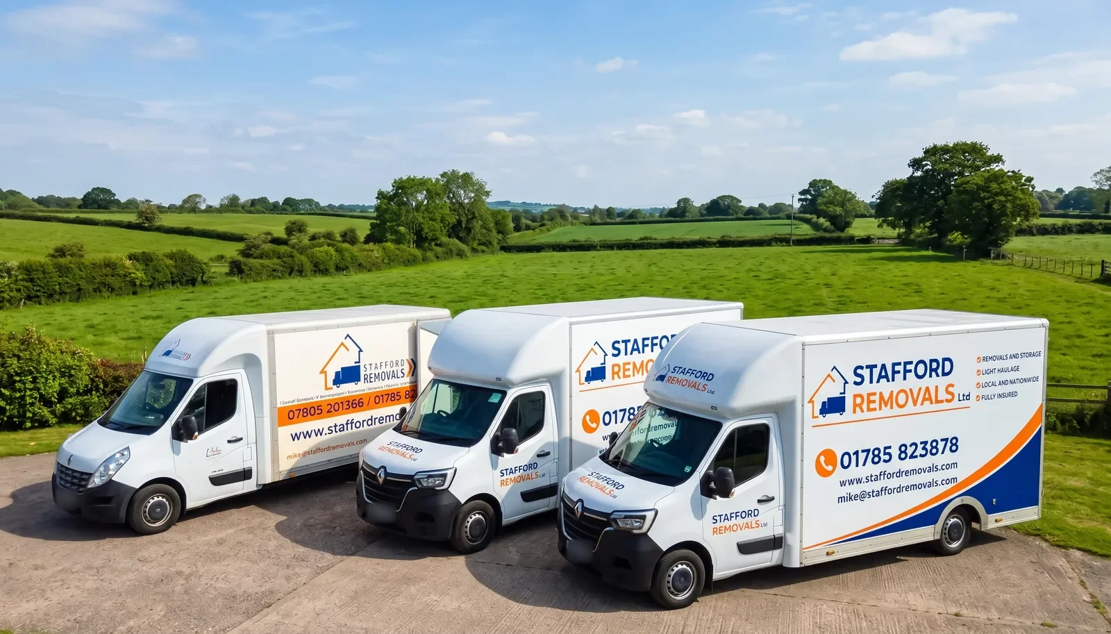 Three Stafford Removals Luton vans parked in front of green fields