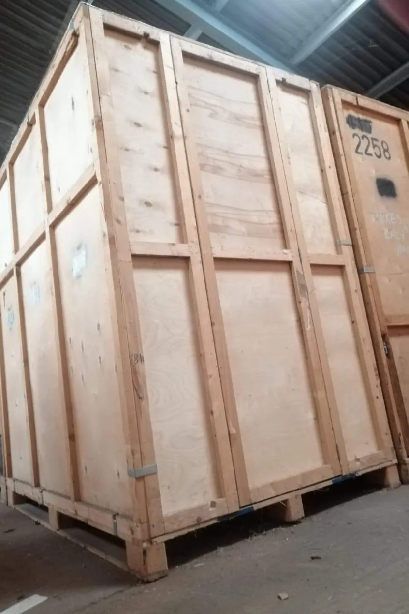 250 cubic foot wooden storage crates lined up inside the storage unit